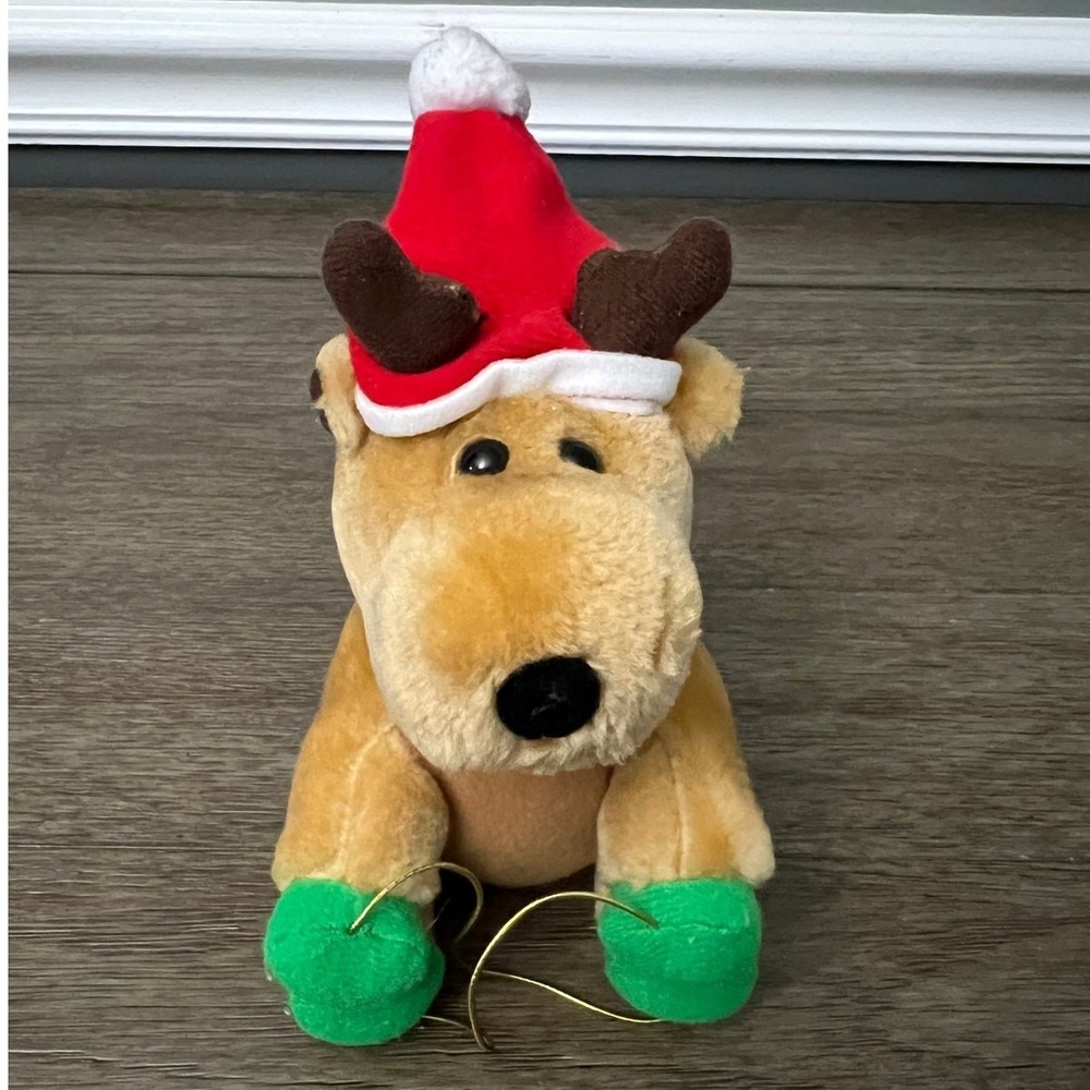 Brown & Haley Reindeer Plush Santa Hat Green Hooves Christmas Holiday Ornament